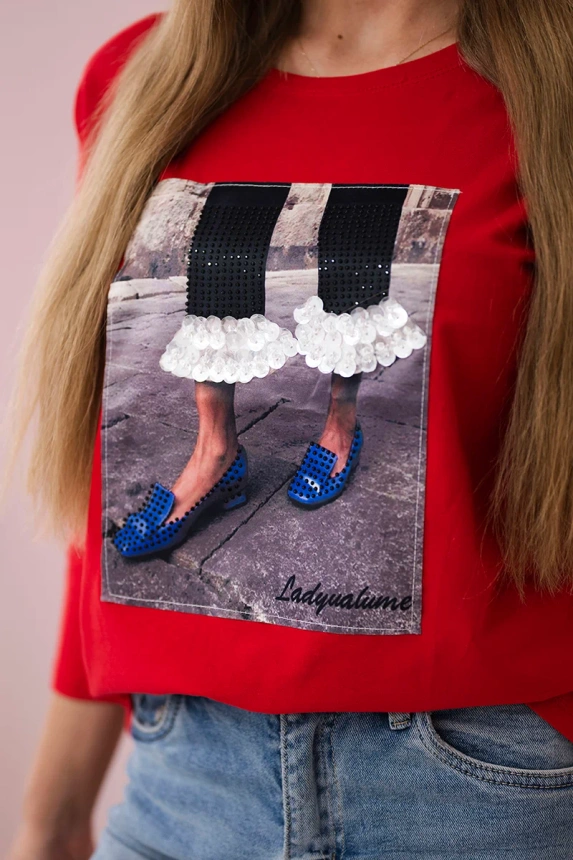 Blouse with graphics 3D with zircons red