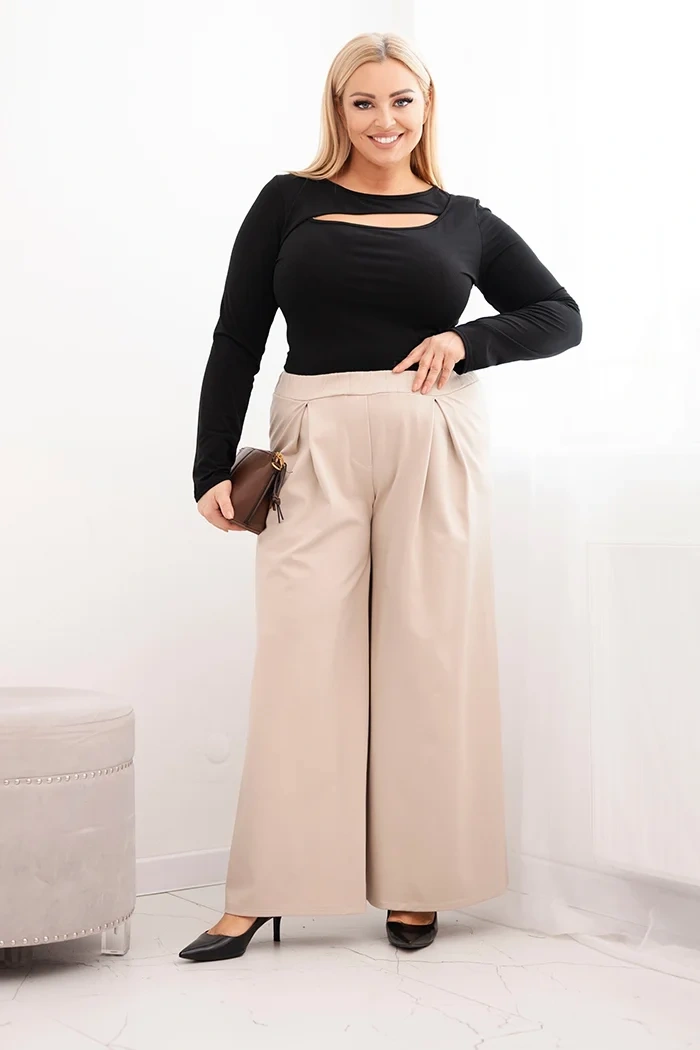 Moteriškos Plus Size kelnės su plačiomis kojomis ir klostėmis bežinės