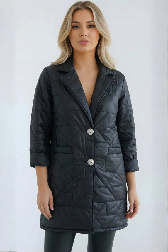 Damenjacke Plus Size gesteppte mit dekorativen Knöpfen und Kragen schwarz