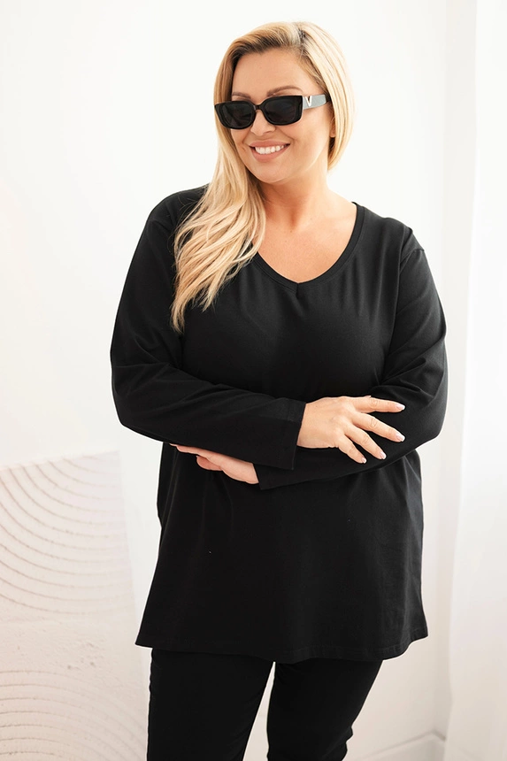 Moteriška Plus Size bluzonė su V formos iškirpte ir ilgomis rankovėmis juoda