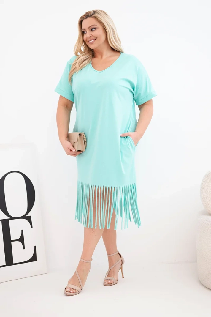Damen-Baumwollkleid mit V-Ausschnitt und Fransen, Plus-Size mintgrün