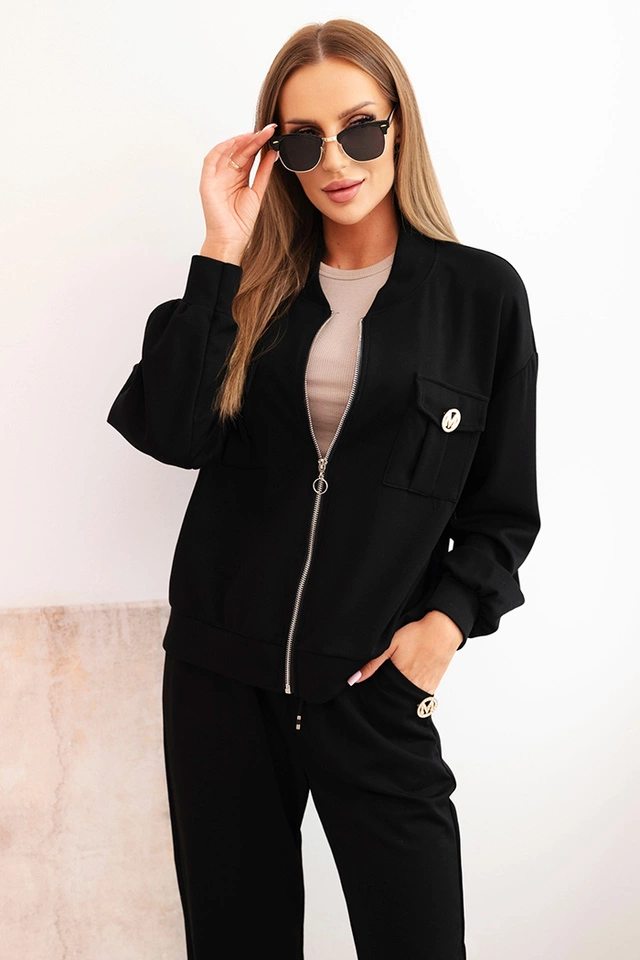 Komplet damski masełkowy z wiskozy z rozpinaną bluzą i spodniami czarny