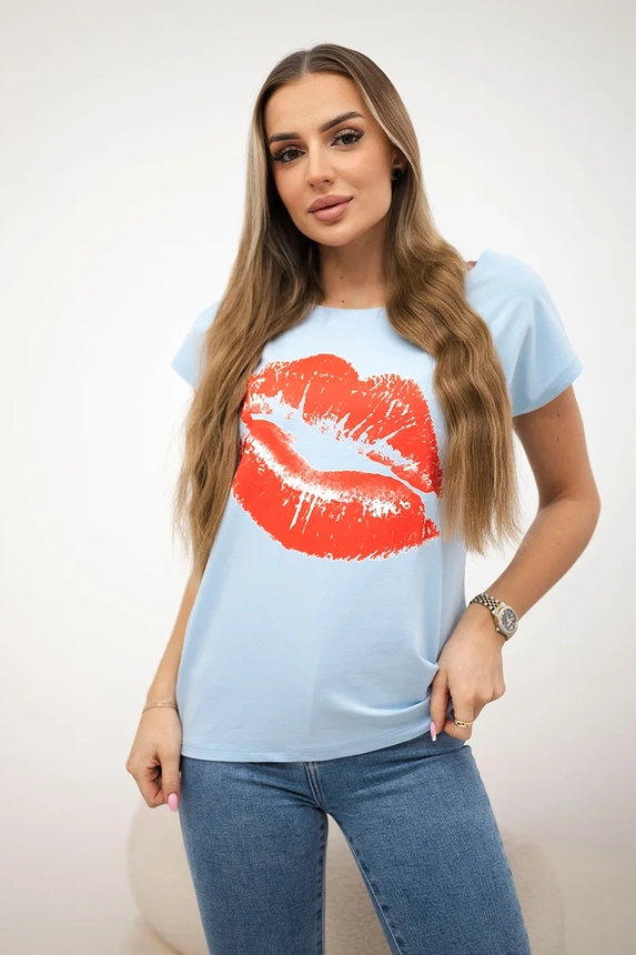 Blouse with lips print blue