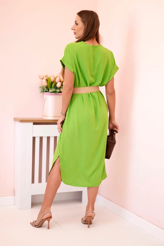 Dress with a decorative belt light green