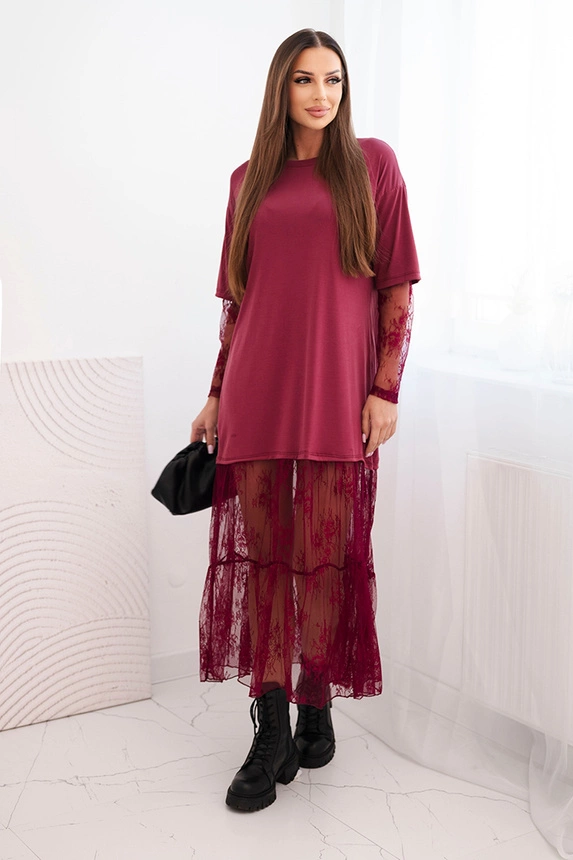 Damenkleid mit Tüllrock und Ärmeln bordeaux