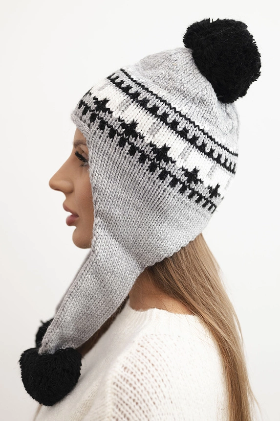 Women's winter wool hat with ear flaps and pom-poms K436 light gray
