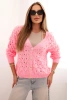Women's openwork sweater with a V-neck and golden buttons light pink