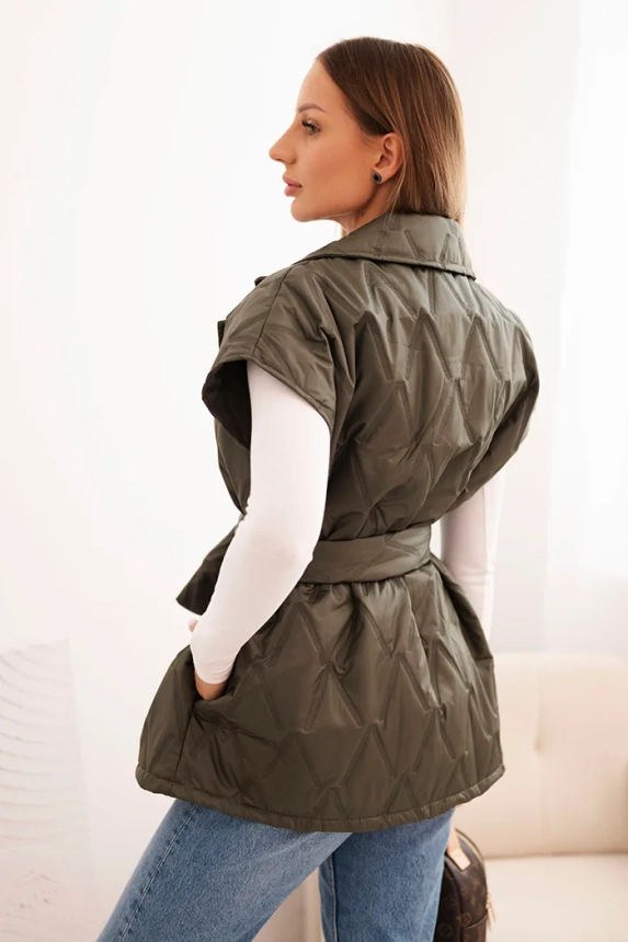 Dámská prošívaná vesta s páskem a širokým límcem khaki