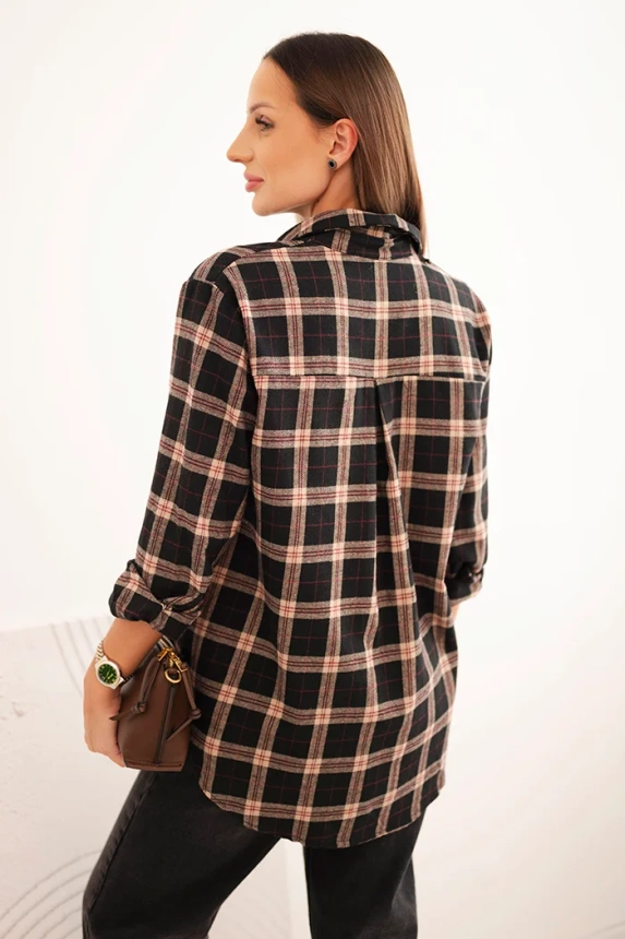 Women's cotton checkered shirt with a longer back black
