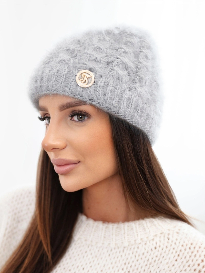 A hat women's ribbed with fluffy texture gray