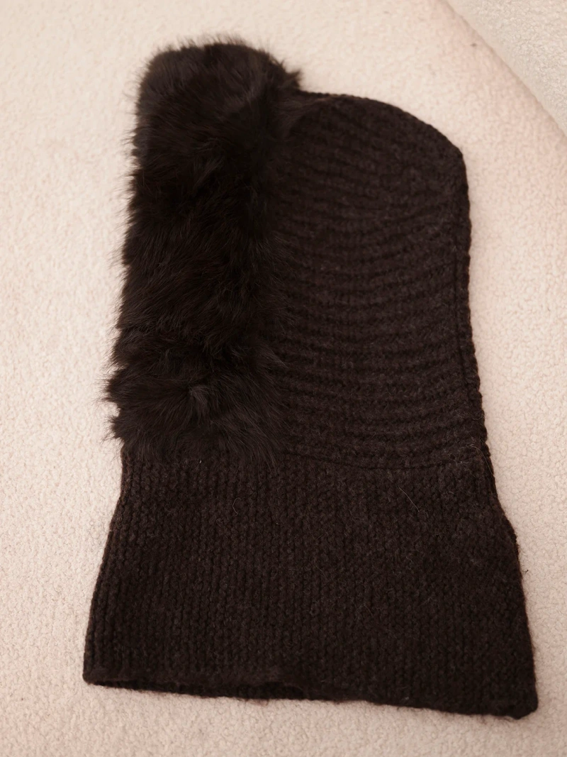 Women's knit hooded hat with fur and neck cover brown