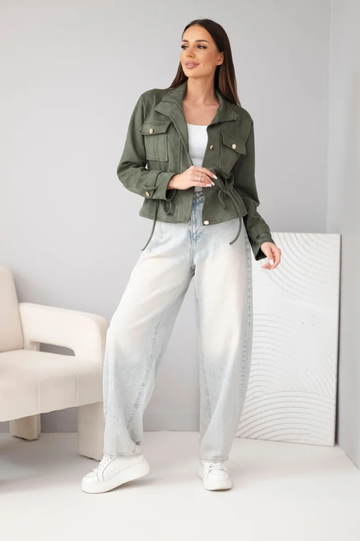 Women's suede jacket with pockets and a waist drawstring khaki