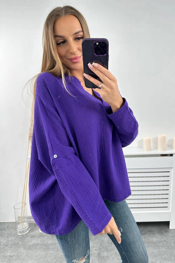 Muslin blouse with rolled-up sleeves dark purple