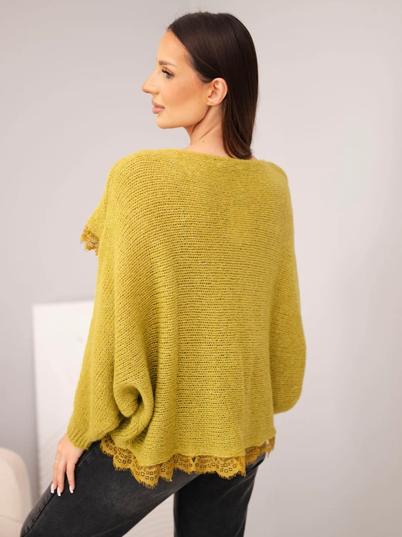 Damenpullover asymmetrisch mit Spitzeneinsatz olivgrün