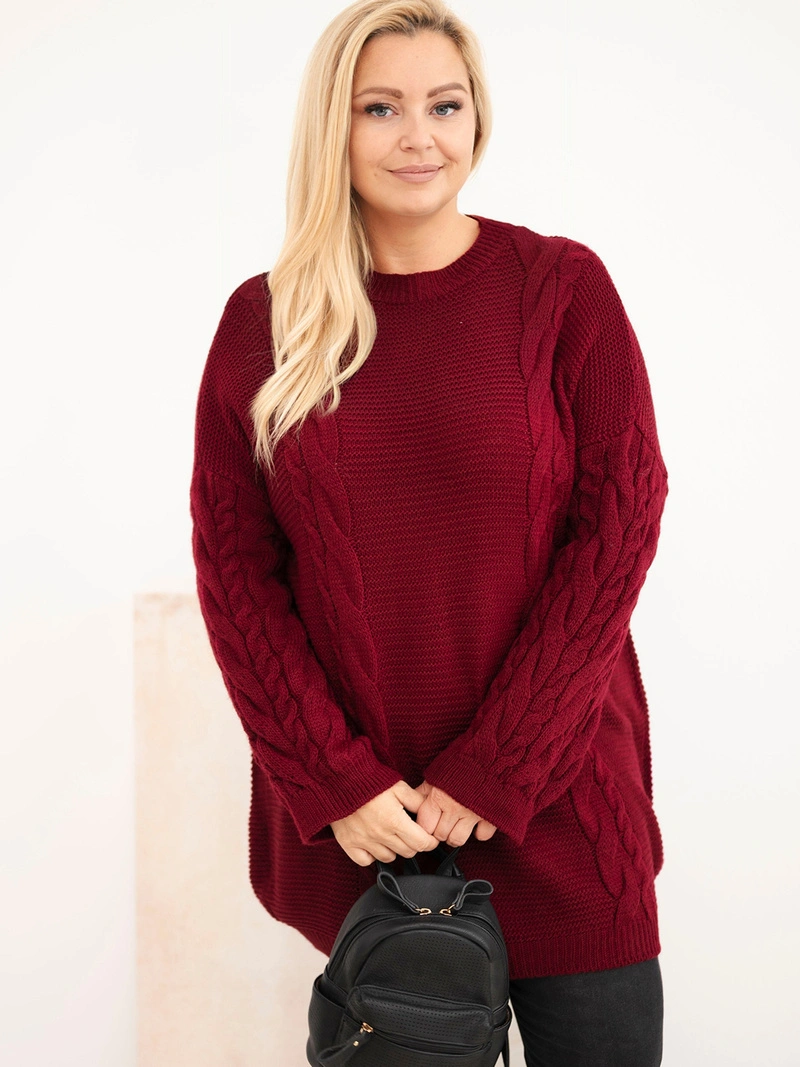 Damenpullover Plus Size mit Zopfmuster bordowy