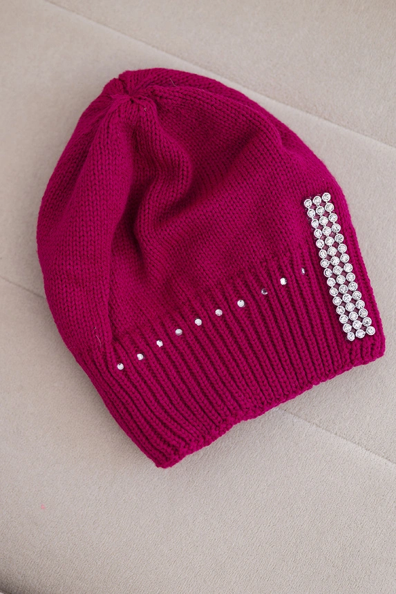 Women's wool winter hat with decorative crystals K399 black