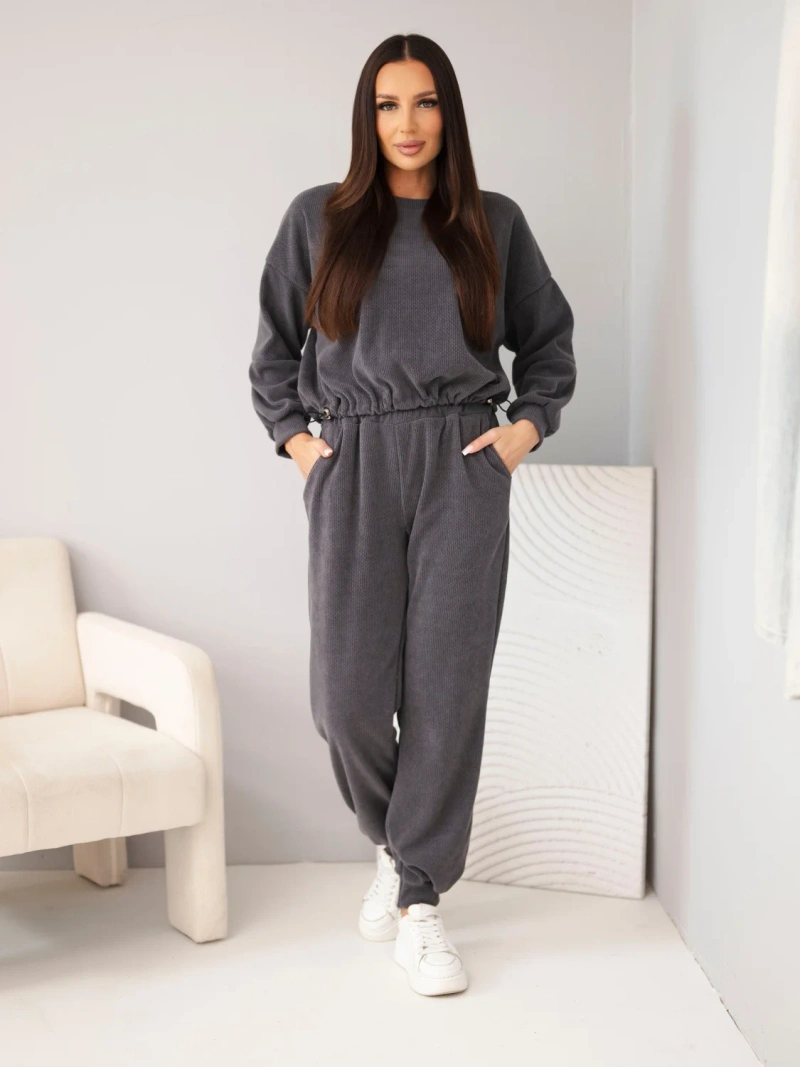 Damen-Set aus geripptem Viskose mit Sweatshirt und Hosen mit Bündchen grafitowy