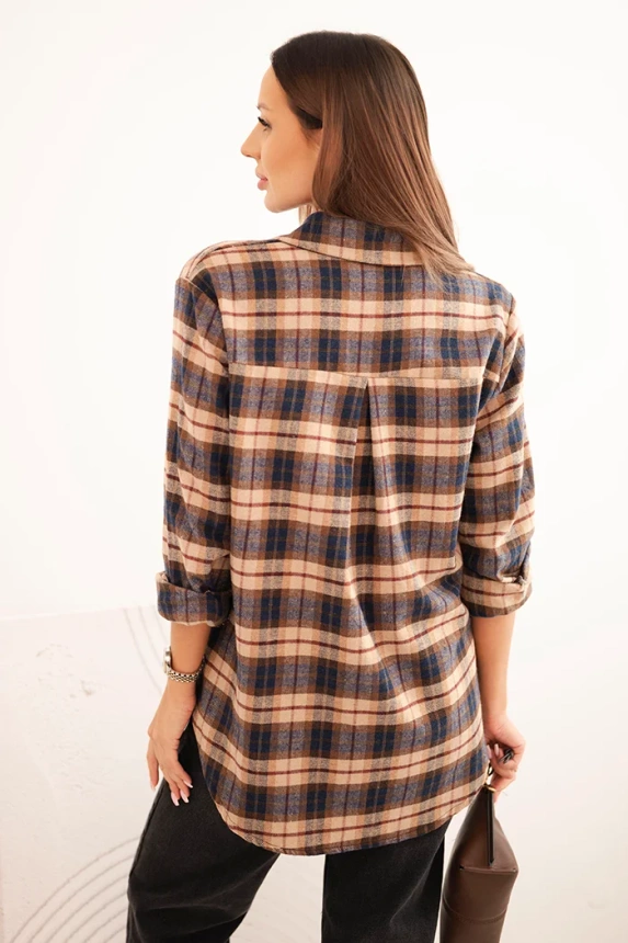 Women's cotton plaid shirt with a longer back camel