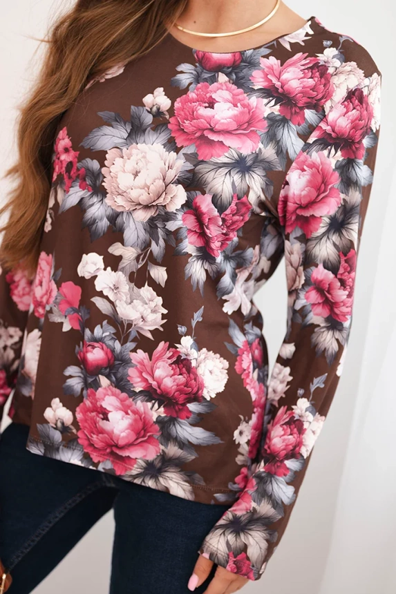 Women's viscose blouse with flowers and long sleeves chocolate