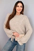 Women's sweater with mohair blend, chunky knit and decorative sleeves dark beige