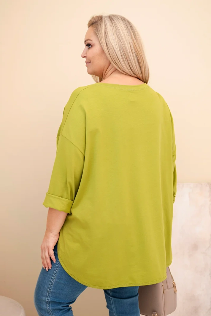 Dámská blůza Plus Size s bavlnou, kapsou a ohrnutým rukávem olivová