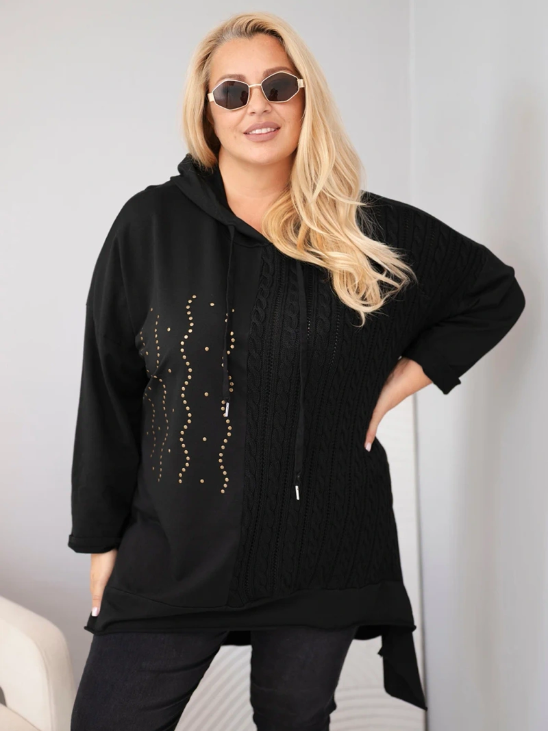 Damen Baumwoll Kapuzenpullover Plus Size mit geflochtenem Einsatz schwarz