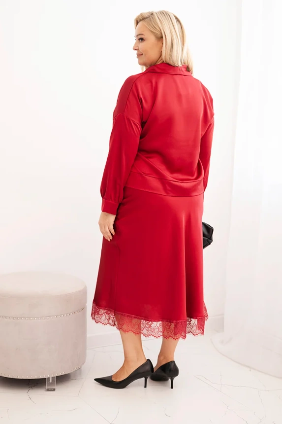 Damen Komplett Plus Size mit satiniertem Glanz und Spitze burgunderrot