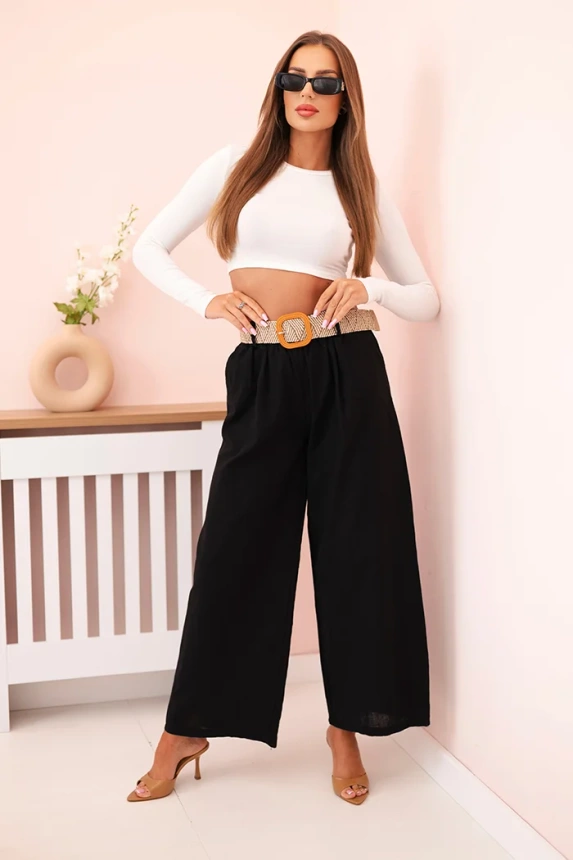 Women's linen trousers with wide legs and a belt black