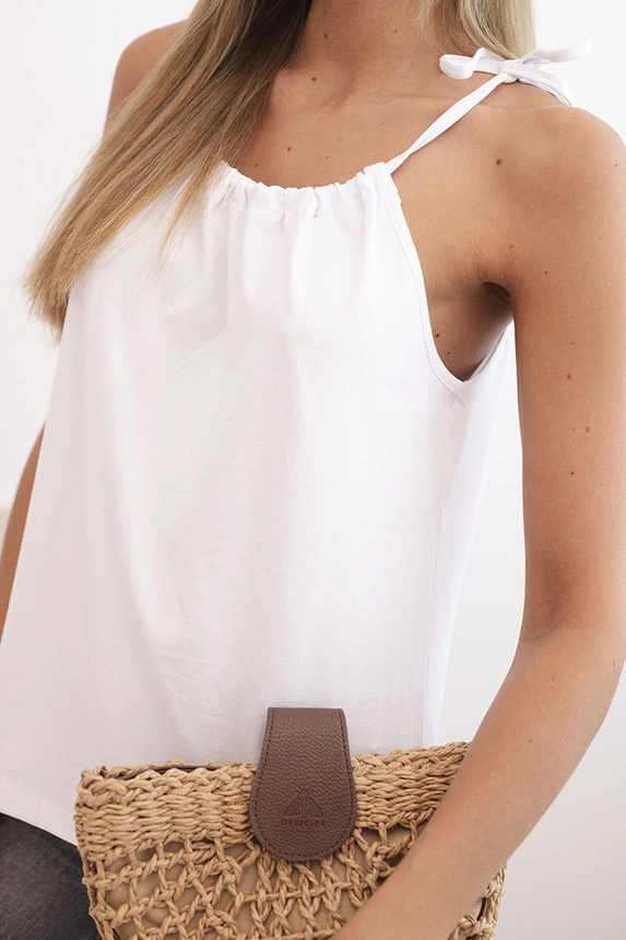 Dámska bavlnená blúzka na ramienkach s viazaním pri krku biela