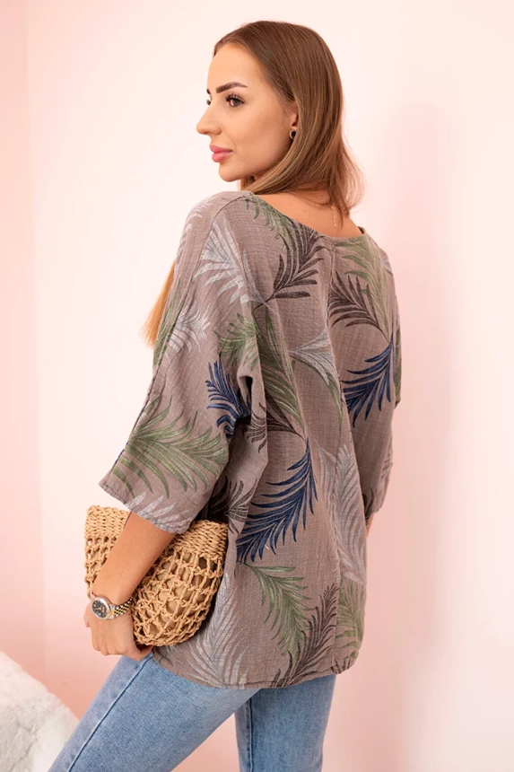 Women's cotton blouse with leaves with roll-up sleeves fango