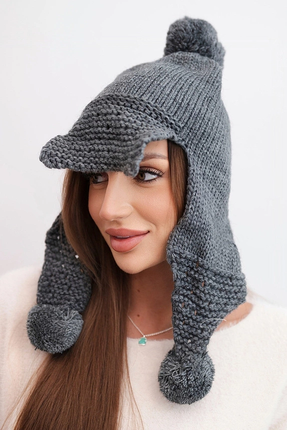 Damenwintermütze mit Wolle, mit Schirm und Pompons K475 grau