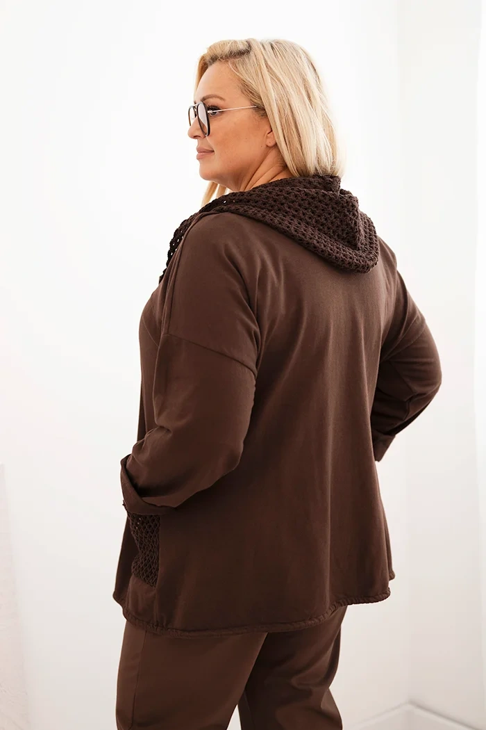 Moteriška Plus Size medvilninė oversize džemperis su ilgomis rankovėmis ruda