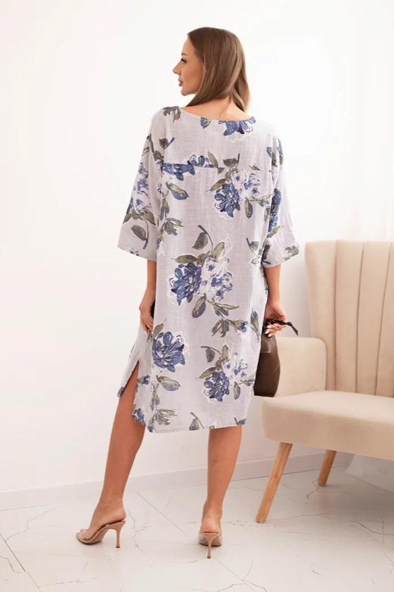 Damen Baumwollkleid mit Blumenmuster und 3/4-Ärmeln grau