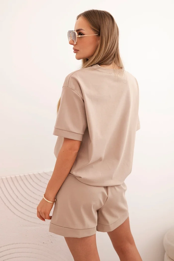 Damen Punto-Set mit kurzem Ärmel und lockeren Shorts camel