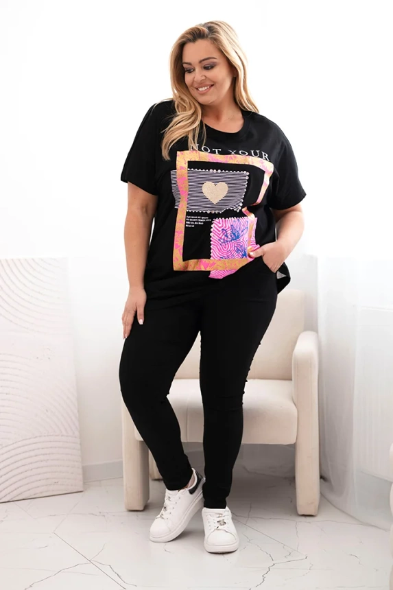 Women's cotton Plus Size blouse with gold print black + pink