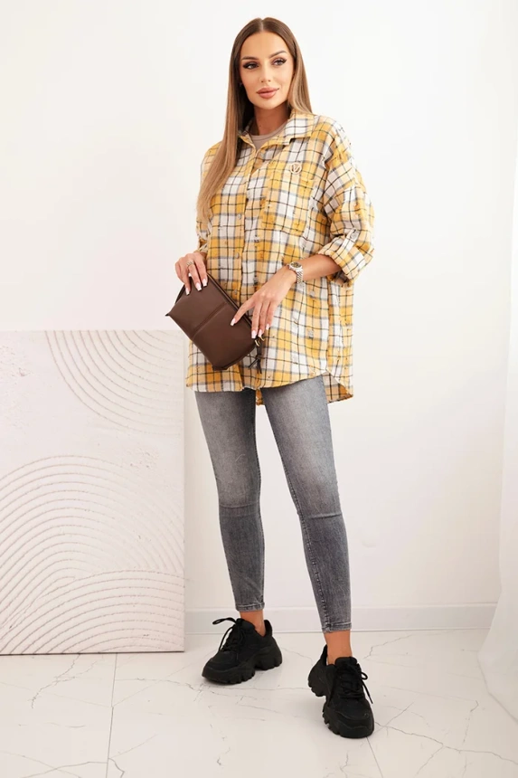 Women's cotton checkered shirt with a distressed effect mustard