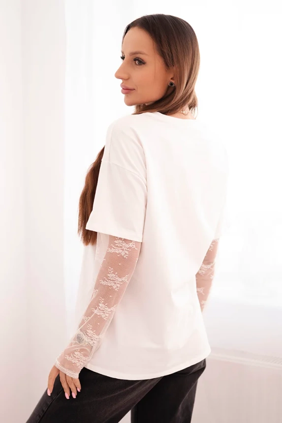Women's cotton blouse with lace sleeves white