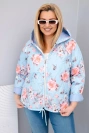Damen Frühlingsjacke gepolstert Plus Size mit Kapuze und Blumenmuster blau
