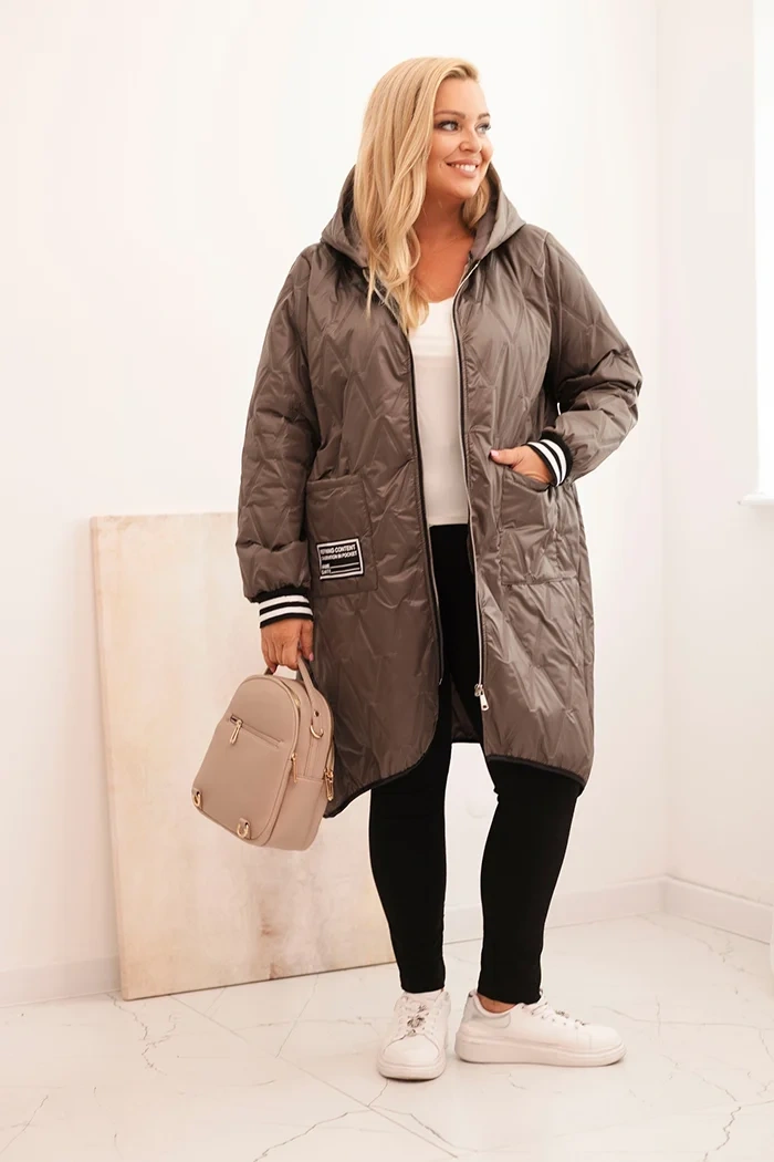 Kurtka damska Plus Size pikowana z kapturem i sportowymi mankietami fango