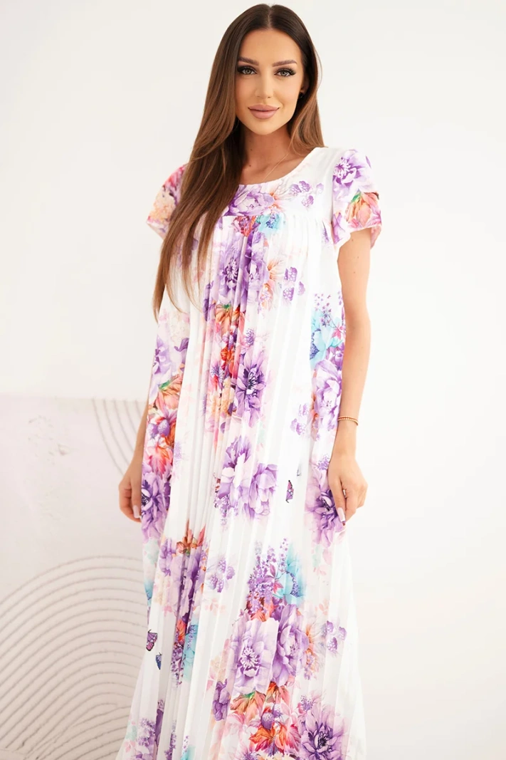 Women's viscose floral dress with short sleeves and pockets purple