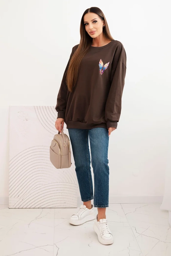 Women's oversized cotton sweatshirt with colorful wings on the back brown