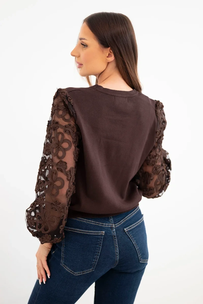 Women's sweater blouse with lace sleeves and decorative buttons brown