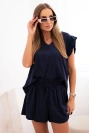 Damenanzug aus Viskose, Bluse mit Rüschen und kurze Shorts blau