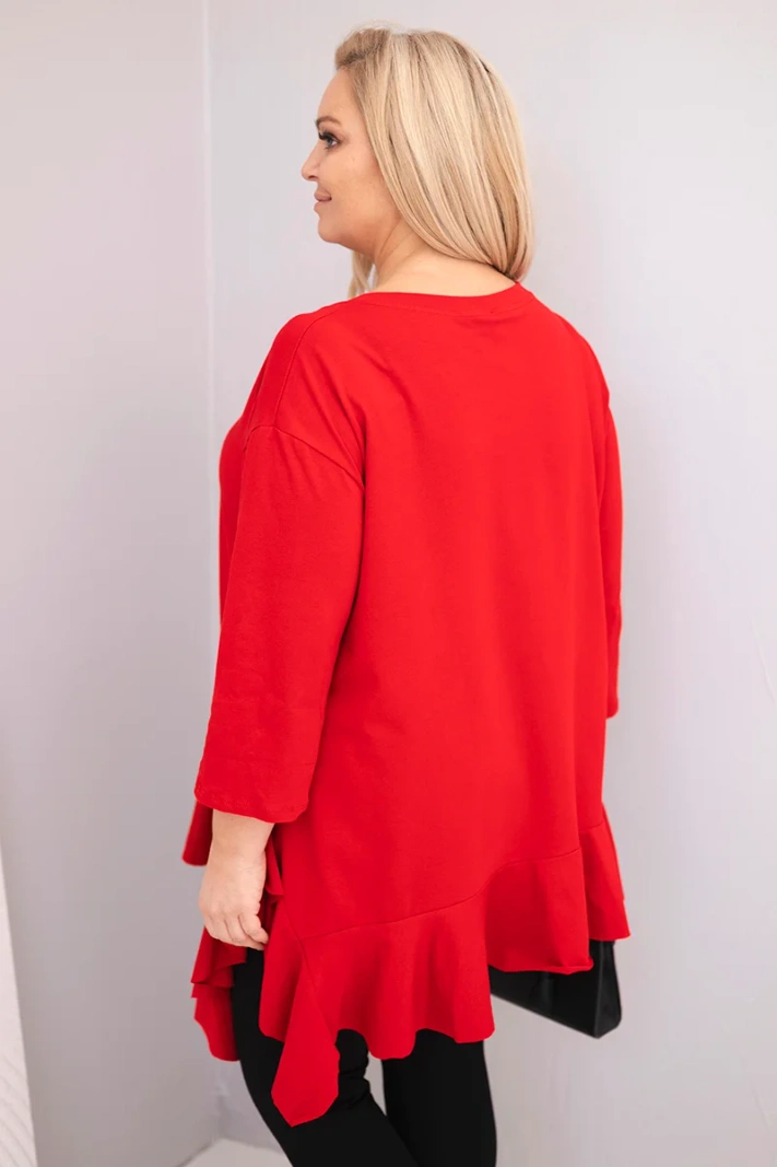 Plus Size women's blouse with cotton, ruffled and rolled-up sleeves red