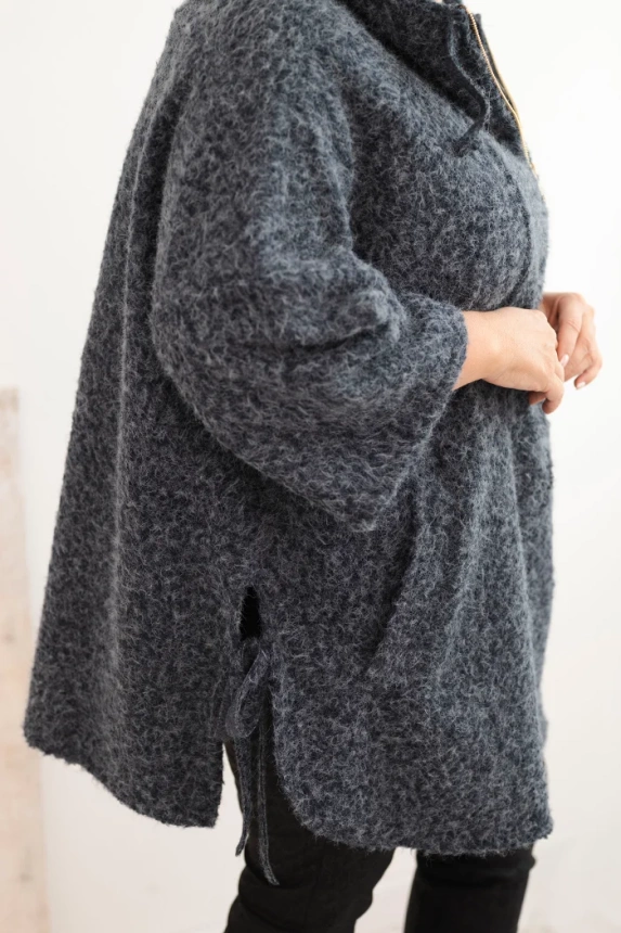 Dámsky kabát Plus Size s kapucňou a zipsom grafitový