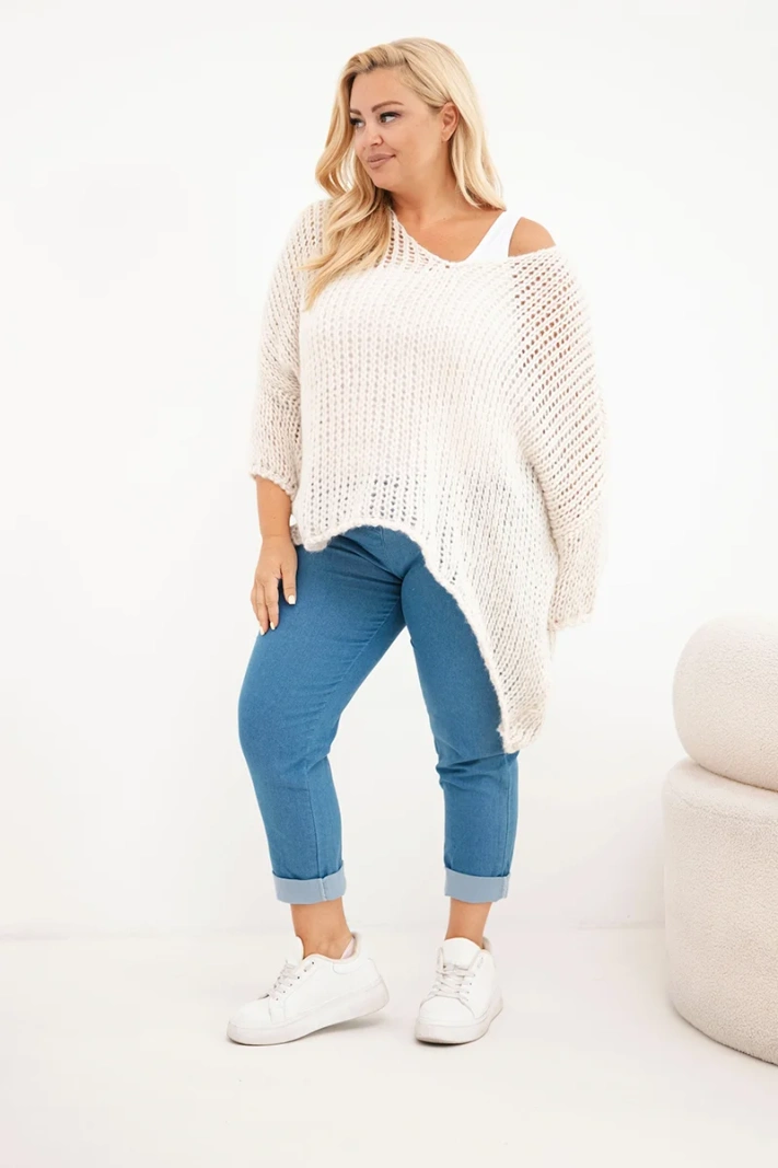 Damen Oversize Lochstrickpullover mit V-Ausschnitt und längerem Rücken beige