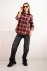 Women's cotton checkered shirt with a longer back burgundy