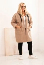 Damenmantel Plus Size aus Kunstfell mit Kapuze und Taschen camelowy