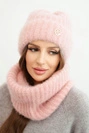 Women's set hat and winter fluffy scarf with decorative emblem black