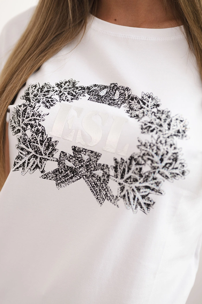 Moteriška medvilninė palaidinė su dekoratyviniu užrašu ESL balta